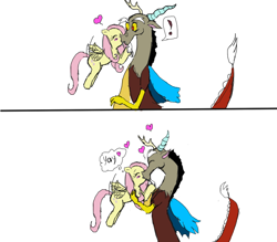 Size: 800x700 | Tagged: safe, artist:momoka123, discord, fluttershy, draconequus, pegasus, pony, 2 panel comic, comic, confused, discoshy, exclamation point, female, heart, kissing, male, shipping, simple background, speech bubble, straight, white background
