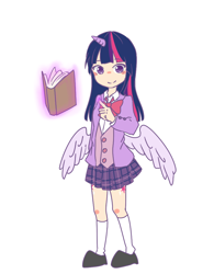 Size: 800x1024 | Tagged: safe, artist:riri, twilight sparkle, twilight sparkle (alicorn), alicorn, human, book, bowtie, clothes, cutie mark, horned humanization, humanized, jacket, kneesocks, levitation, magic, miniskirt, pixiv, school uniform, schoolgirl, shirt, shoes, simple background, skirt, socks, solo, vest, white background, winged humanization