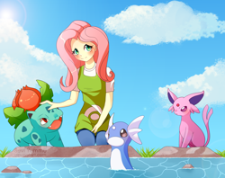 Size: 1024x813 | Tagged: safe, artist:seviyummy, fluttershy, equestria girls, clothes, cloud, dratini, espeon, female, ivysaur, looking at you, pokémon, water