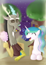 Size: 3704x5208 | Tagged: safe, artist:mr100dragon100, discord, princess celestia, princess luna, alicorn, pony, dislestia, female, male, shipping, straight