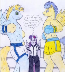 Size: 846x940 | Tagged: safe, artist:jose-ramiro, flash sentry, twilight sparkle, twilight sparkle (alicorn), oc, oc:harmony star, alicorn, anthro, alicorn oc, boxing, boxing gloves, clothes, partial nudity, sports, text, thought bubble, topless, traditional art