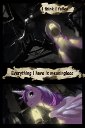 Size: 1024x1536 | Tagged: safe, artist:ciyunhe, derpibooru import, twilight sparkle, twilight sparkle (alicorn), alicorn, pony, comic:falling into the deep, comic, dark, lamp, night, shadow, solo, translation