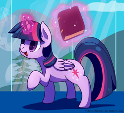 Size: 1100x1000 | Tagged: safe, artist:talim_stuff, derpibooru import, twilight sparkle, twilight sparkle (alicorn), alicorn, pony, book, cute, heart eyes, levitation, magic, open mouth, raised hoof, signature, solo, telekinesis, twiabetes, wingding eyes