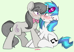 Size: 900x634 | Tagged: safe, artist:lenbow, dj pon-3, octavia melody, vinyl scratch, earth pony, pony, unicorn, blushing, boop, bowtie, ear piercing, earring, female, jewelry, lesbian, lidded eyes, looking at each other, mare, noseboop, piercing, scratchtavia, shipping, simple background