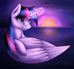 Size: 1024x956 | Tagged: safe, artist:klarapl, derpibooru import, twilight sparkle, twilight sparkle (alicorn), alicorn, pony, dusk, ocean, solo, sun, twilight (astronomy)