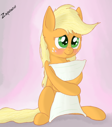 Size: 2228x2542 | Tagged: safe, artist:zaponator, applejack, earth pony, pony, blushing, cute, hug, jackabetes, pillow, pillow hug, simple background, solo