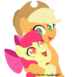 Size: 500x500 | Tagged: safe, artist:jynkyz, apple bloom, applejack, earth pony, pony, adorabloom, apple bloom's bow, bow, colored pupils, cute, duo, female, filly, hair bow, hug, jackabetes, looking at each other, mare, open mouth, signature, simple background, sisters, transparent background