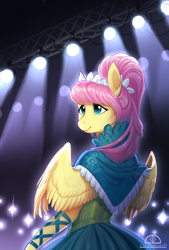 Size: 706x1042 | Tagged: safe, artist:ladychimaera, fluttershy, anthro, pegasus, alternate hairstyle, camera flashes, clothes, dress, female, head turn, headdress, mare, modelshy, ponytail, smiling, solo, spotlight, spread wings, wings