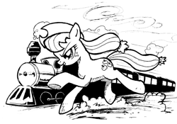 Size: 900x629 | Tagged: safe, artist:yewdee, applejack, earth pony, pony, atg 2017, black and white, female, grayscale, mare, monochrome, newbie artist training grounds, running, solo, train