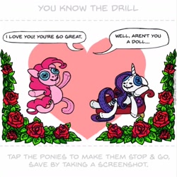 Size: 1602x1596 | Tagged: safe, artist:gingerfoxy, pinkie pie, rarity, earth pony, pony, unicorn, fainting couch, flower, heart, plushie, pony couple generator, rose