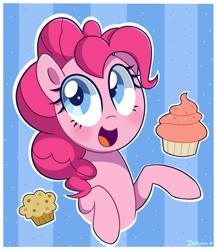 Size: 2000x2300 | Tagged: safe, artist:darkynez, pinkie pie, earth pony, pony, blushing, cupcake, cute, female, food, happy, mare, muffin, smiling, solo, sprinkles