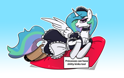 Size: 1912x1212 | Tagged: safe, artist:dreamweaverpony, artist:n-o-n, princess celestia, alicorn, pony, clothes, female, lipstick, looking at you, lying, maid, maid headdress, mare, pillow, solo