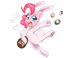 Size: 1600x1200 | Tagged: safe, artist:kaikururu, pinkie pie, earth pony, pony, animal costume, basket, bunny costume, clothes, costume, cute, diapinkes, easter, easter basket, easter egg, female, holiday, mare, paw gloves, paw prints, simple background, solo, transparent background