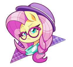 Size: 659x600 | Tagged: safe, artist:pegasisters82, fluttershy, pegasus, pony, alternate hairstyle, braid, bust, female, glasses, hat, hipstershy, lidded eyes, looking at you, mare, portrait, simple background, solo, transparent background