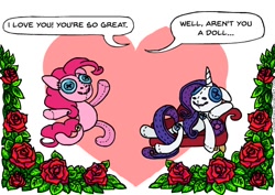 Size: 592x418 | Tagged: safe, artist:gingerfoxy, pinkie pie, rarity, earth pony, pony, unicorn, doll, fainting couch, female, flower, heart, lesbian, plushie, pony couple generator, raripie, rose, shipping, text, toy