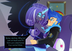 Size: 4448x3180 | Tagged: safe, artist:xan-gelx, idw, flash sentry, nightmare rarity, equestria girls, spoiler:comic, bedroom eyes, clothes, commission, dark magic, dialogue, dialogue box, digital art, equestria girls-ified, eyeshadow, female, girl on top, hands on shoulder, holiday, hoodie, jacket, kiss mark, lipstick, magic, makeup, male, nightmare sentrity, seductive, seductive look, sentrity, shipping, smiling, smirk, sofa, straight, talking, touch, wings