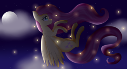 Size: 5500x3000 | Tagged: safe, artist:cosmiickatie, fluttershy, firefly (insect), pegasus, pony, female, flying, looking at something, mare, night, profile, solo, wings