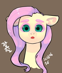 Size: 490x577 | Tagged: safe, artist:y_knowledge, fluttershy, pegasus, pony, bust, female, looking at you, mare, simple background, solo