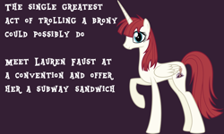 Size: 784x470 | Tagged: safe, oc, oc only, oc:fausticorn, troll, lauren faust, meta, text