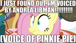 Size: 1920x1080 | Tagged: safe, edit, edited screencap, editor:useraccount, screencap, fluttershy, pegasus, pony, scare master, andrea libman, excessive exclamation marks, image macro, implied pinkie pie, meme, op is a slowpoke, shocked, voice actor joke