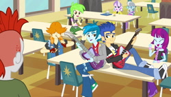 Size: 1539x866 | Tagged: safe, screencap, cherry crash, crimson napalm, diamond tiara, flash sentry, mystery mint, silver spoon, thunderbass, valhallen, equestria girls, equestria girls (movie), background human, boots, cafeteria, clothes, electric guitar, female, guitar, male, musical instrument, pants, shoes, smiling, sneakers, table
