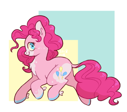 Size: 2617x2325 | Tagged: safe, artist:roscoethepotatoman, pinkie pie, earth pony, pony, abstract background, chest fluff, coat markings, colored hooves, cute, cutie mark, dappled, dock, ear fluff, female, looking at you, mare, smiling, solo, unshorn fetlocks