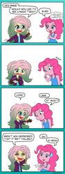 Size: 450x1200 | Tagged: safe, artist:empyu, fluttershy, pinkie pie, comic:jokester fluttershy, equestria girls, clothes, comic, cosplay, costume, cute, dialogue, diapinkes, pencil, shyabetes, smiling, speech bubble, the joker