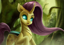 Size: 4000x2800 | Tagged: safe, artist:foughtdragon01, fluttershy, changedling, changeling, changedlingified, changelingified, female, flutterling, forest, looking at you, race swap, raised hoof, solo, species swap, tree