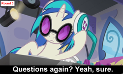 Size: 1600x973 | Tagged: safe, dj pon-3, vinyl scratch, pony, unicorn, comic:celestia's servant interview, caption, cs captions, female, headphones, interview, mare, solo, sunglasses