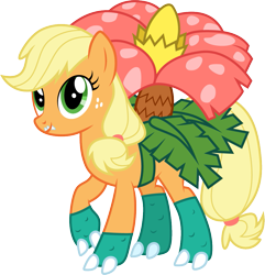 Size: 1001x1037 | Tagged: safe, artist:cloudyglow, applejack, earth pony, pony, clothes, cosplay, costume, crossover, female, freckles, nintendo, pokémon, simple background, solo, transparent background, venusaur