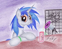 Size: 1024x810 | Tagged: safe, artist:thechrispony, dj pon-3, vinyl scratch, oc, oc only, oc:homage, pony, unicorn, fallout equestria, drink, fanfic, fanfic art, female, hooves, horn, looking at you, mare, microphone, smiling, solo, teeth, traditional art