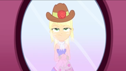 Size: 1136x640 | Tagged: safe, screencap, applejack, eqg summertime shorts, equestria girls, make up shake up, bored, clothes, fall formal outfits, female, flower, hat, mirror, offscreen character, pov, rose, scarf