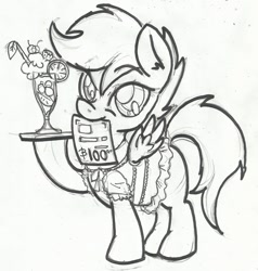 Size: 1280x1343 | Tagged: safe, artist:anibaruthecat, scootaloo, bill, drink, monochrome, mouth hold, sketch, solo, waitress