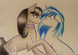 Size: 1024x735 | Tagged: safe, artist:waterferret, dj pon-3, octavia melody, vinyl scratch, earth pony, pony, blushing, female, lesbian, scratchtavia, shipping, traditional art