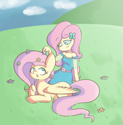 Size: 1912x1949 | Tagged: safe, artist:typhwosion, fluttershy, pegasus, pony, better together, equestria girls, clothes, cloud, duo, female, flower, flower in hair, grass, human ponidox, mare, open mouth, outdoors, self ponidox, sky, smiling