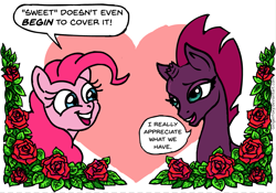 Size: 1201x841 | Tagged: safe, artist:gingerfoxy, fizzlepop berrytwist, pinkie pie, tempest shadow, earth pony, pony, unicorn, my little pony: the movie, female, flower, heart, lesbian, pony couple generator, rose, shipping, tempestpie