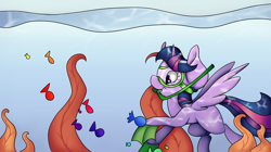 Size: 6935x3880 | Tagged: safe, artist:cutepencilcase, derpibooru import, twilight sparkle, twilight sparkle (alicorn), alicorn, fish, pony, absurd resolution, diving goggles, missing cutie mark, snorkel, solo, swimming, underwater