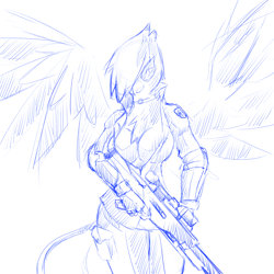 Size: 1280x1280 | Tagged: safe, artist:cladz, oc, oc only, oc:ginger feathershy, anthro, griffon, breasts, cleavage, clothes, cosplay, costume, female, foxhound, gun, hooves, jumpsuit, konami, metal gear, metal gear solid, monochrome, optical sight, rifle, simple background, sniper rifle, sniper wolf, solo, weapon, white background, wings