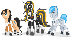 Size: 1000x526 | Tagged: safe, artist:delthero, pegasus, pony, unicorn, chell, delthero, glados, long fall horseshoe, personality core, ponified, portal (valve), simple background, transparent background, wheatley