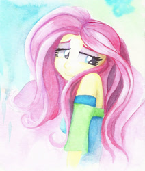 Size: 803x949 | Tagged: safe, artist:astevenamedwolf, fluttershy, better together, equestria girls, beautiful, clothes, cute, female, lidded eyes, looking away, looking sideways, shyabetes, smiling, solo, traditional art