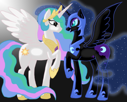 Size: 2500x2000 | Tagged: safe, artist:dreamyartcosplay, nightmare moon, princess celestia, alicorn, pony, duo, ethereal mane, female, gradient background, grin, hoof shoes, mare, peytral, raised hoof, smiling, starry mane