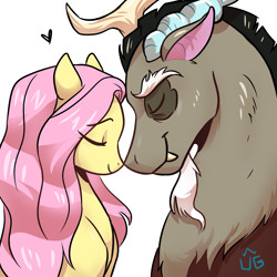 Size: 3000x3000 | Tagged: safe, artist:umgeee, discord, fluttershy, draconequus, pegasus, pony, bust, discoshy, eyes closed, female, heart, male, mare, nuzzling, profile, shipping, simple background, smiling, straight