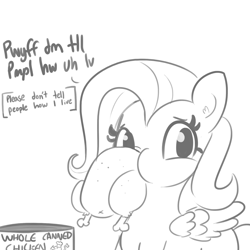 Size: 1650x1650 | Tagged: safe, artist:tjpones, fluttershy, bird, chicken, pegasus, pony, black and white, dialogue, ear fluff, female, food, grayscale, mare, monochrome, ponies eating meat, simple background, simpsons did it, solo, subtitles, the simpsons, white background, wings