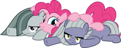 Size: 5164x2040 | Tagged: safe, artist:frownfactory, limestone pie, marble pie, pinkie pie, earth pony, pony, the maud couple, .svg available, annoyed, female, happy, lying on top of someone, mare, pie sisters, pile, siblings, simple background, sisters, svg, transparent background, trio, vector