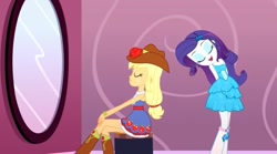 Size: 640x357 | Tagged: safe, screencap, applejack, rarity, eqg summertime shorts, equestria girls, make up shake up, arm behind back, bare shoulders, boots, clothes, dress, eyes closed, fall formal outfits, female, flower, hat, mirror, rose, shipping fuel, shoes, sitting, sleeveless, standing, strapless