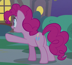 Size: 507x457 | Tagged: safe, screencap, pinkie pie, earth pony, pony, the maud couple, cropped, female, mare, plot, raised hoof, solo