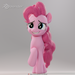 Size: 2048x2048 | Tagged: safe, artist:therealdjthed, pinkie pie, earth pony, pony, 3d, 3d model, blender, cute, cycles, cycles render, diapinkes, female, gray background, grin, mare, model:djthed, nervous, nervous grin, patreon, patreon logo, raised hoof, simple background, smiling, solo, squee