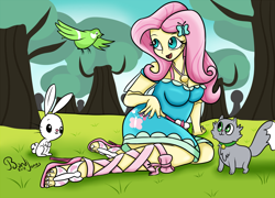 Size: 1200x864 | Tagged: safe, artist:bandijones, angel bunny, fluttershy, bird, cat, rabbit, better together, equestria girls, anatomically incorrect, breasts, clothes, feet, grass, high heels, hootershy, open mouth, shoes, tree