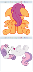 Size: 310x678 | Tagged: safe, scootaloo, sweetie belle, exploitable meme, juxtaposition, juxtaposition win, meta