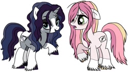 Size: 1092x618 | Tagged: safe, artist:unoriginai, oc, oc only, earth pony, pony, unicorn, simple background, unshorn fetlocks, white background